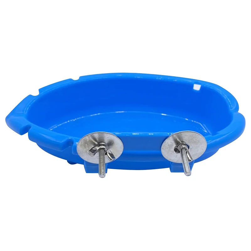 Blue durable parrot food and bath tray with two removable metal fasteners