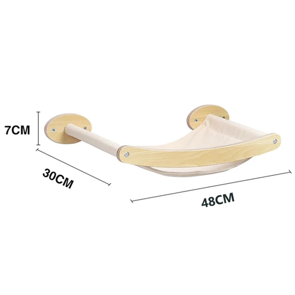 Wall-mounted cat climbing rope with wooden pedals showing dimensions of 7cm, 30cm, and 48cm