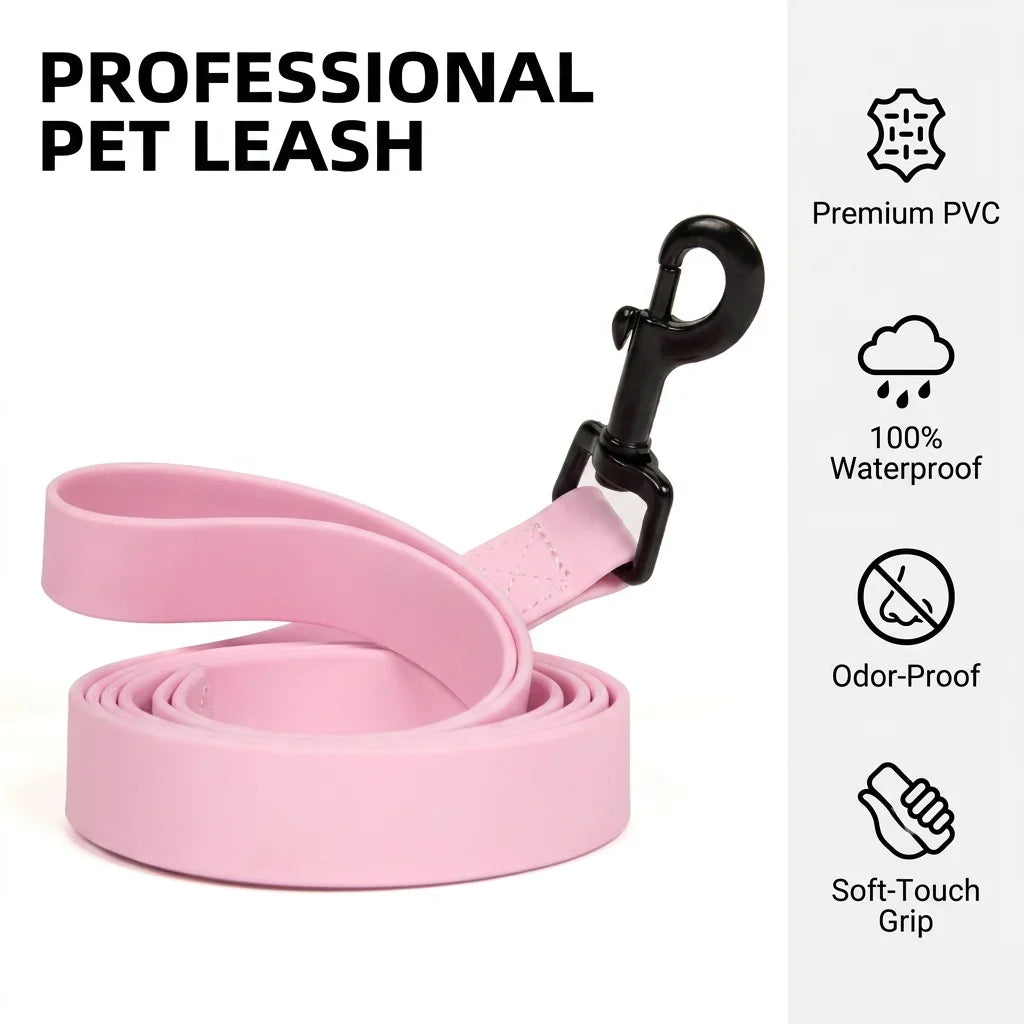Pink professional pet leash made of waterproof PVC with a durable buckle and soft-touch grip.