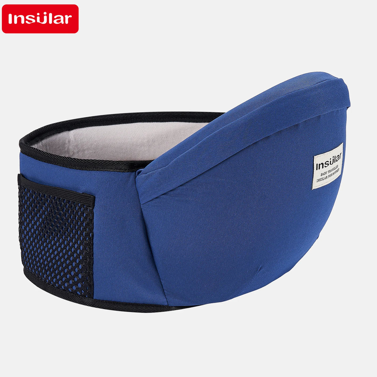 Portabebés ajustable de color azul marino con cadeneta y cinturón de cintura.