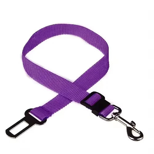 Purple adjustable pet car safety harness with a seat belt clip