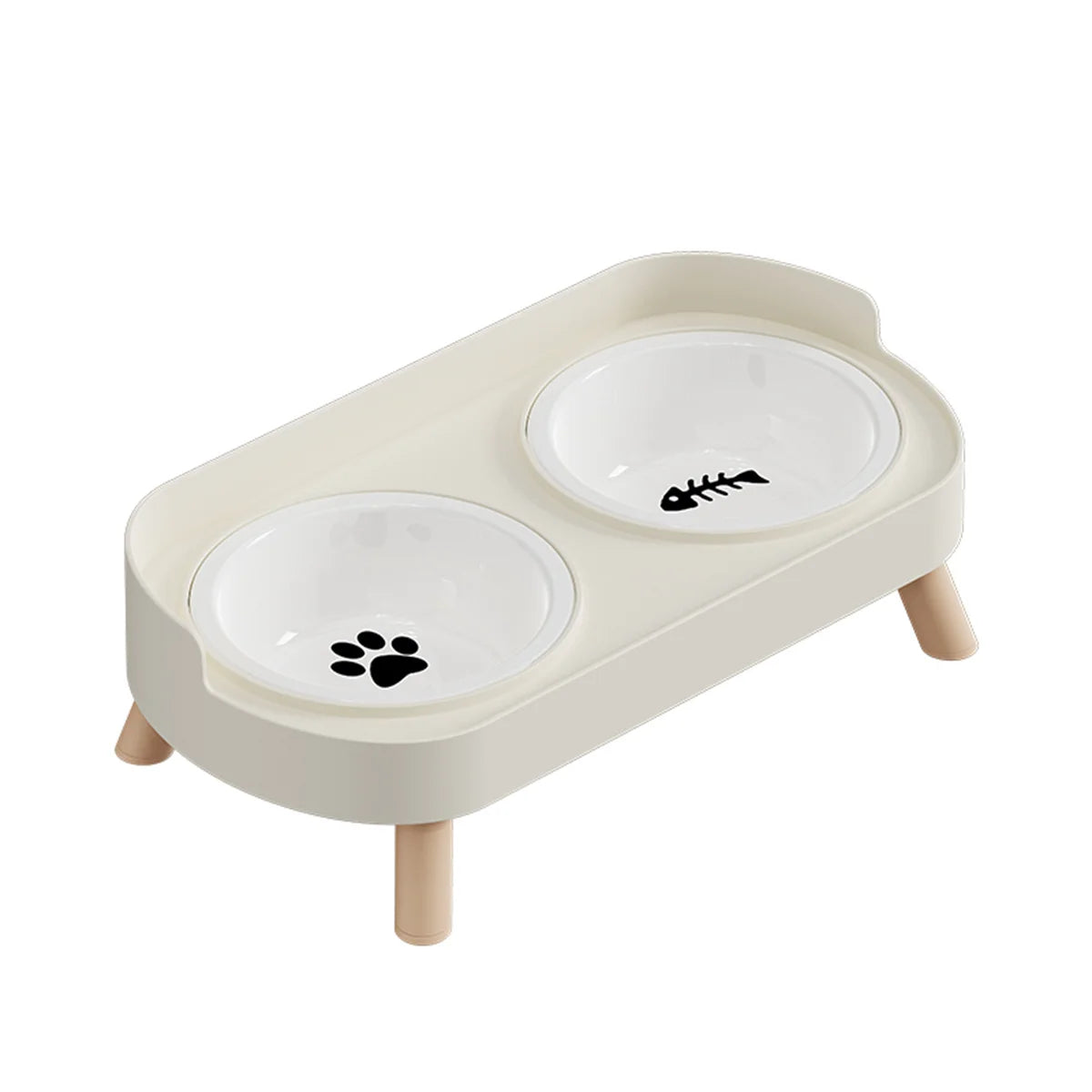 Set de deux bols à nourriture pour animaux, beige clair, avec des silhouettes de pattes et de poissons.