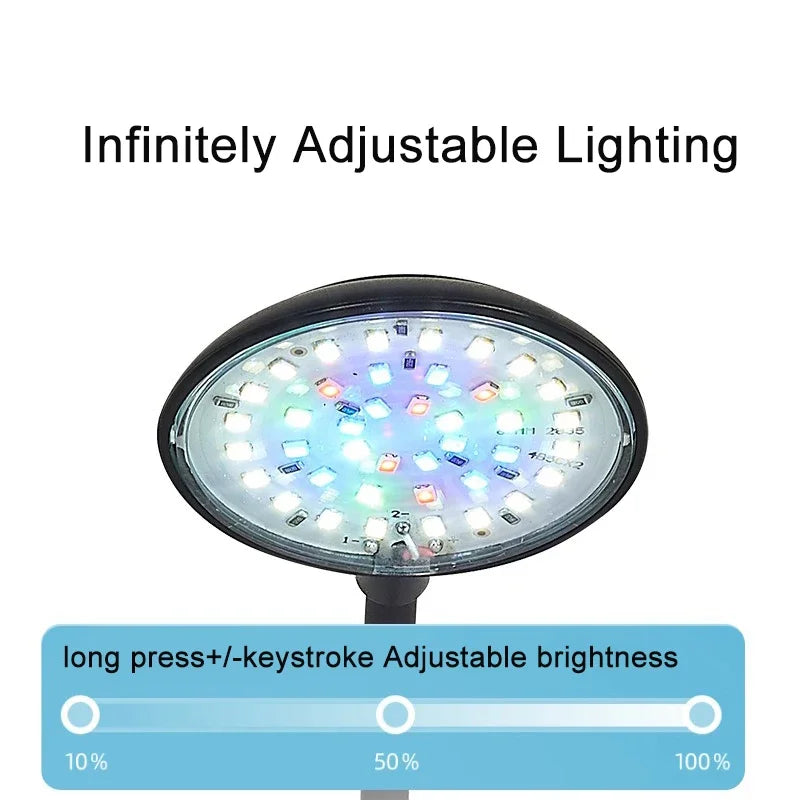 A close-up view of an infinitely adjustable LED lighting fixture designed for aquariums, showing brightness level controls.
