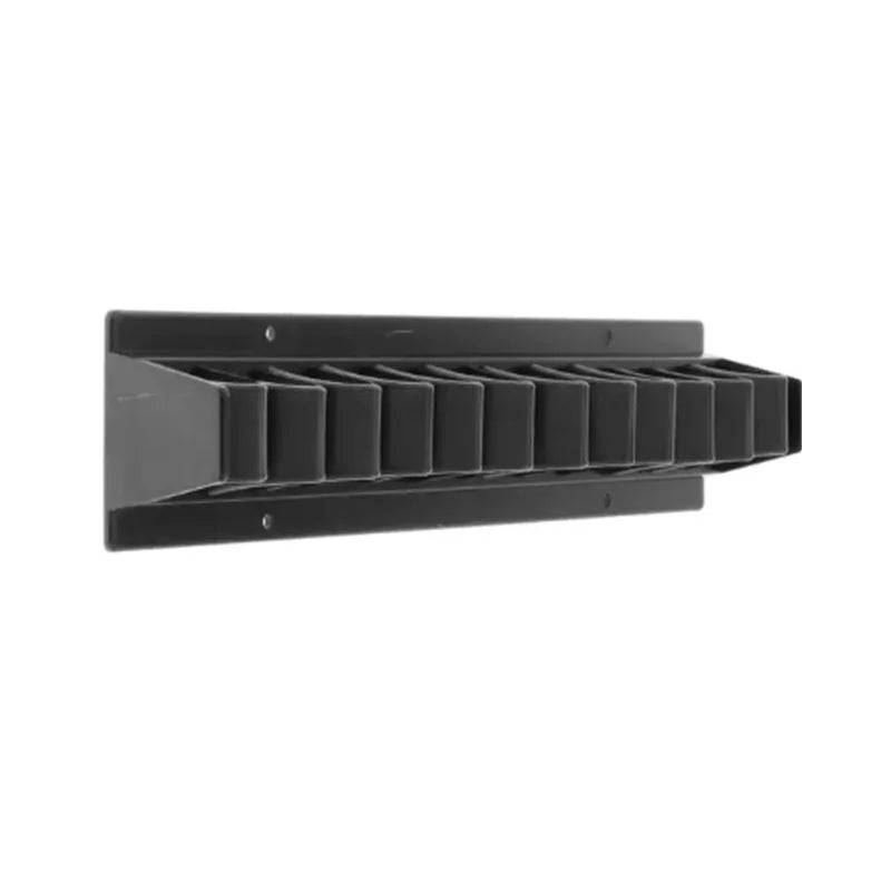A black wall-mounted equestrian whip rack with multiple slots for storage.