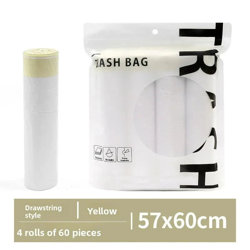 A white drawstring trash bag with black lettering and a roll of the same bag shown next to it.
