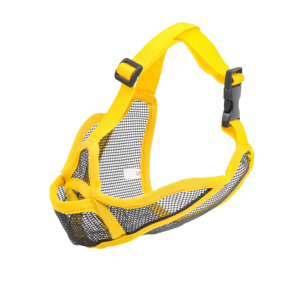 Yellow nylon dog muzzle with a mesh design and black adjustable strap.