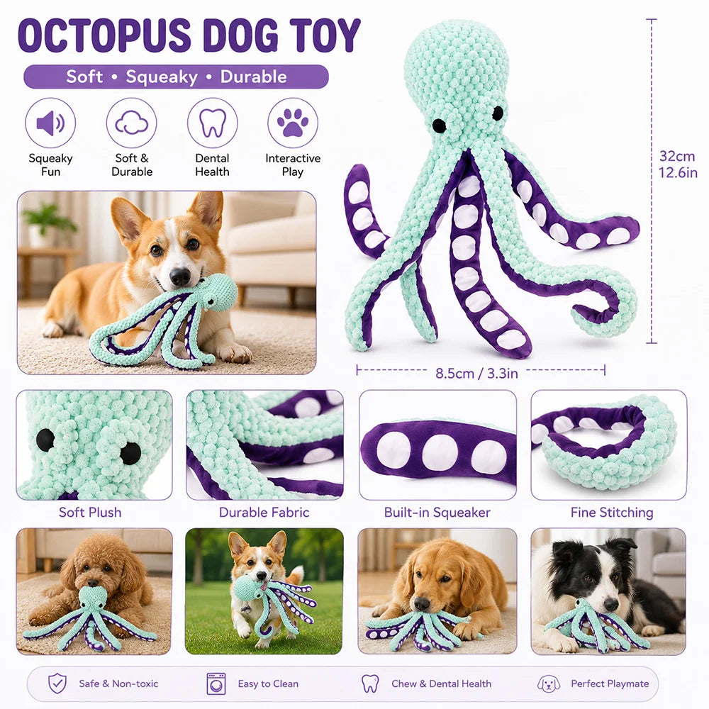 A light green octopus plush toy with purple accents designed as a dog toy for play and dental health.