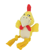 A yellow plush toy resembling a bird with a red crest and a red collar.