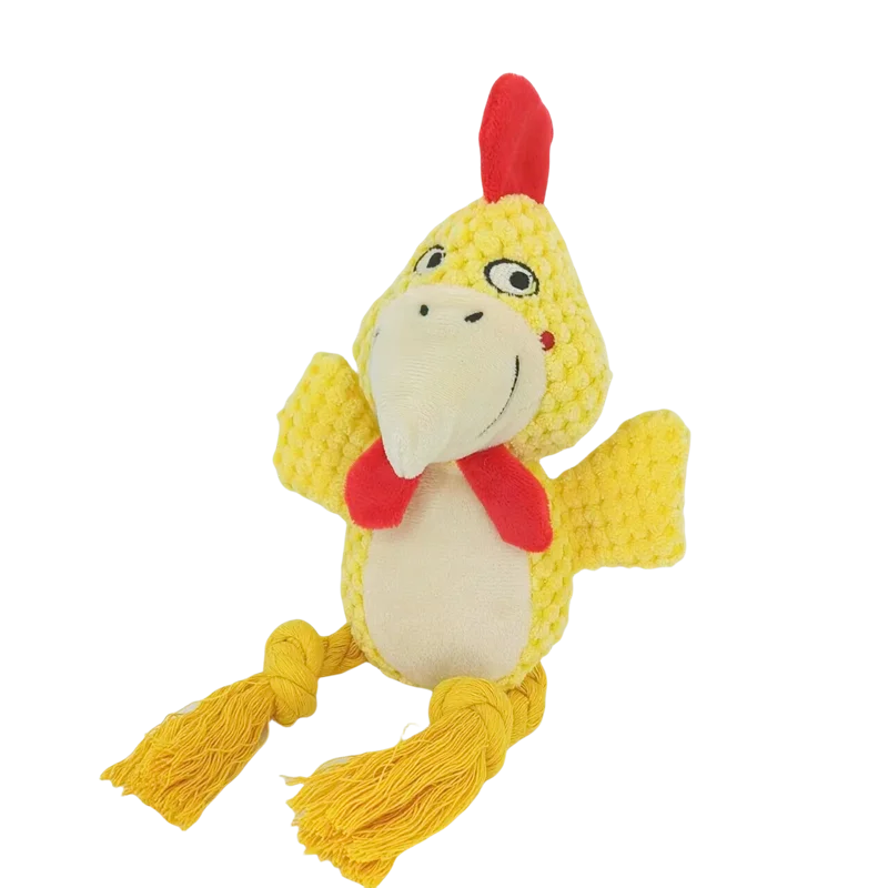 A yellow plush toy resembling a bird with a red crest and a red collar.