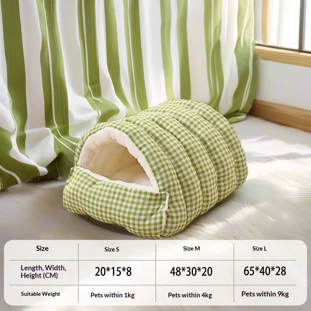 A green checkered pet bed with a plush fleece lining and removable cover shown on a light surface.