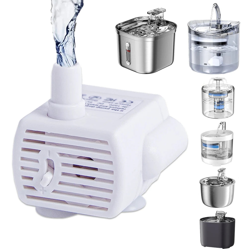 A white pet fountain water pump device with multiple stainless steel and glass components for circulating water.