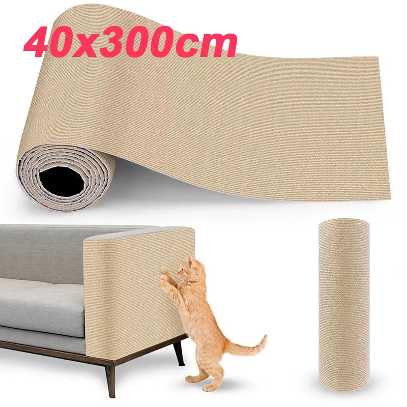 Roll of beige cat scratcher pad for furniture protection shown next to a cat