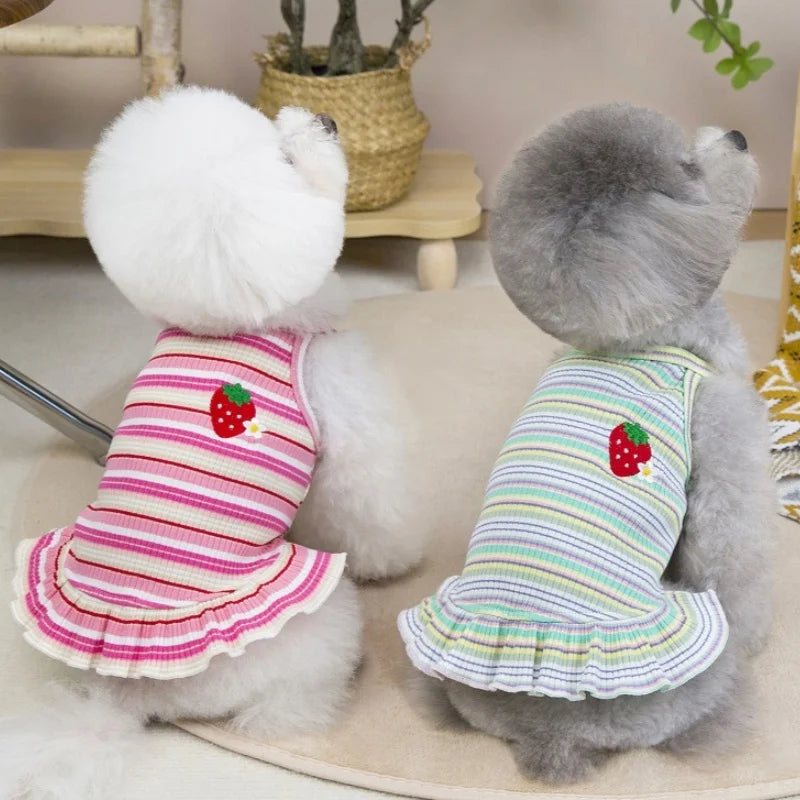 Summer Suspender Dog Dress - Striped Strawberry Print