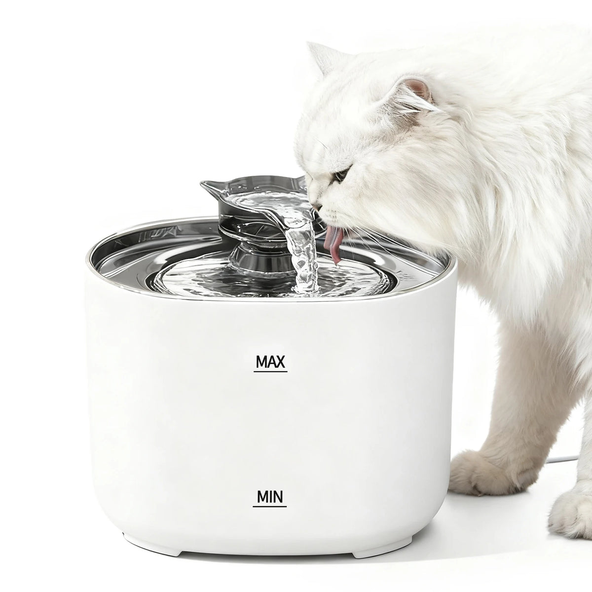 A white cat is drinking water from a stainless steel fountain, demonstrating the automatic pet water dispenser.