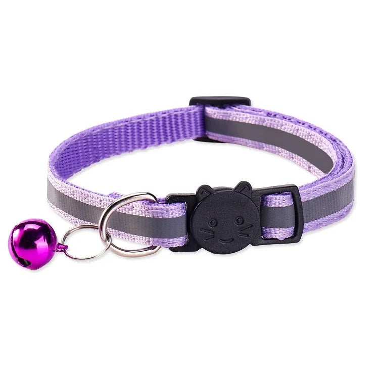 Purple and gray safety breakaway cat collar with a black cat charm and a purple bell.