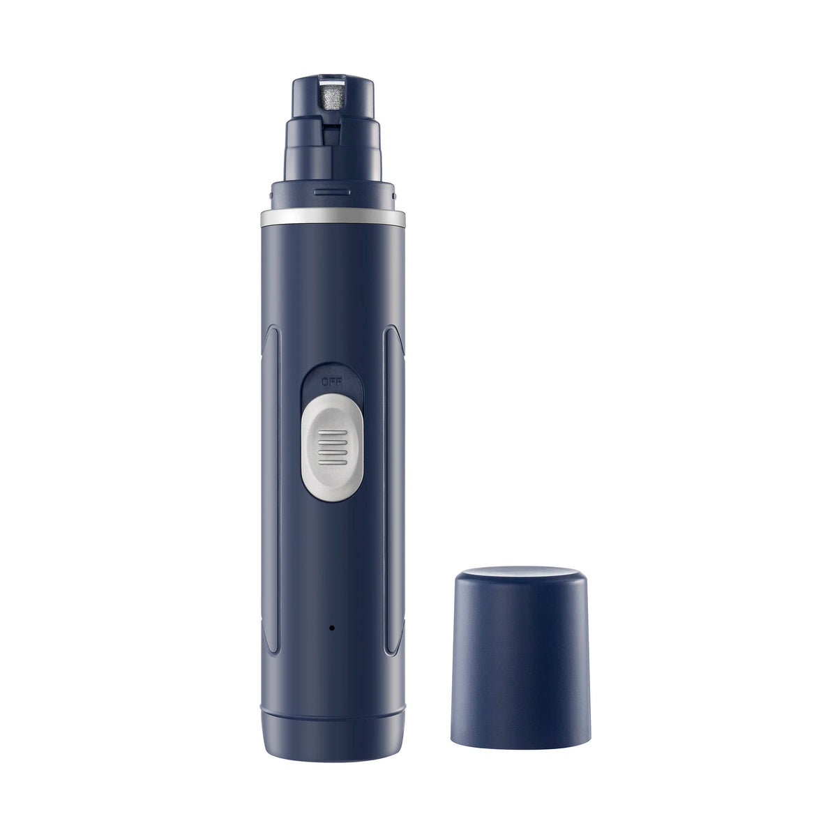 A dark blue cordless electric pet nail grinder with an LED light and polishing wheel.
