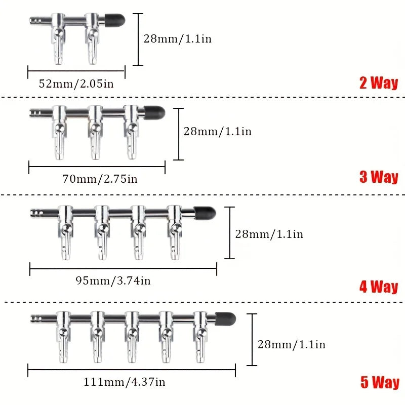 Diagram showing five different ways of splitting aquarium air flow using a splitter valve with various bar lengths.