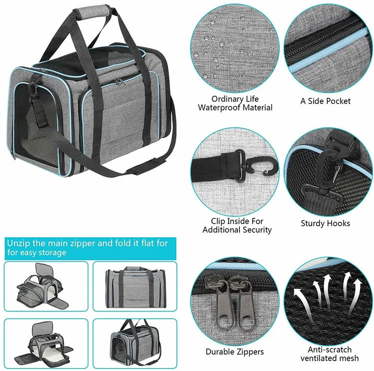 Gray foldable soft-sided pet carrier with a handle, featuring waterproof material and sturdy hooks.