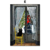 A painting depicting a black cat sitting on a yellow chair in front of a glass door with a woman standing behind a sheer curt