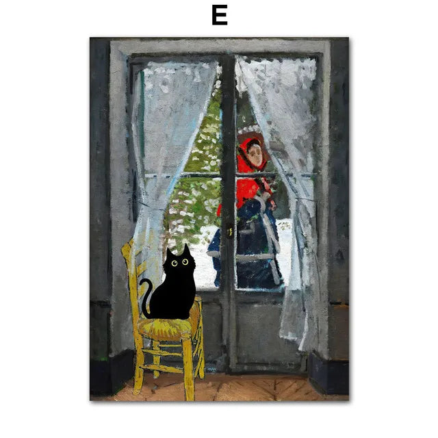 A painting depicting a black cat sitting on a yellow chair in front of a glass door with a woman standing behind a sheer curt