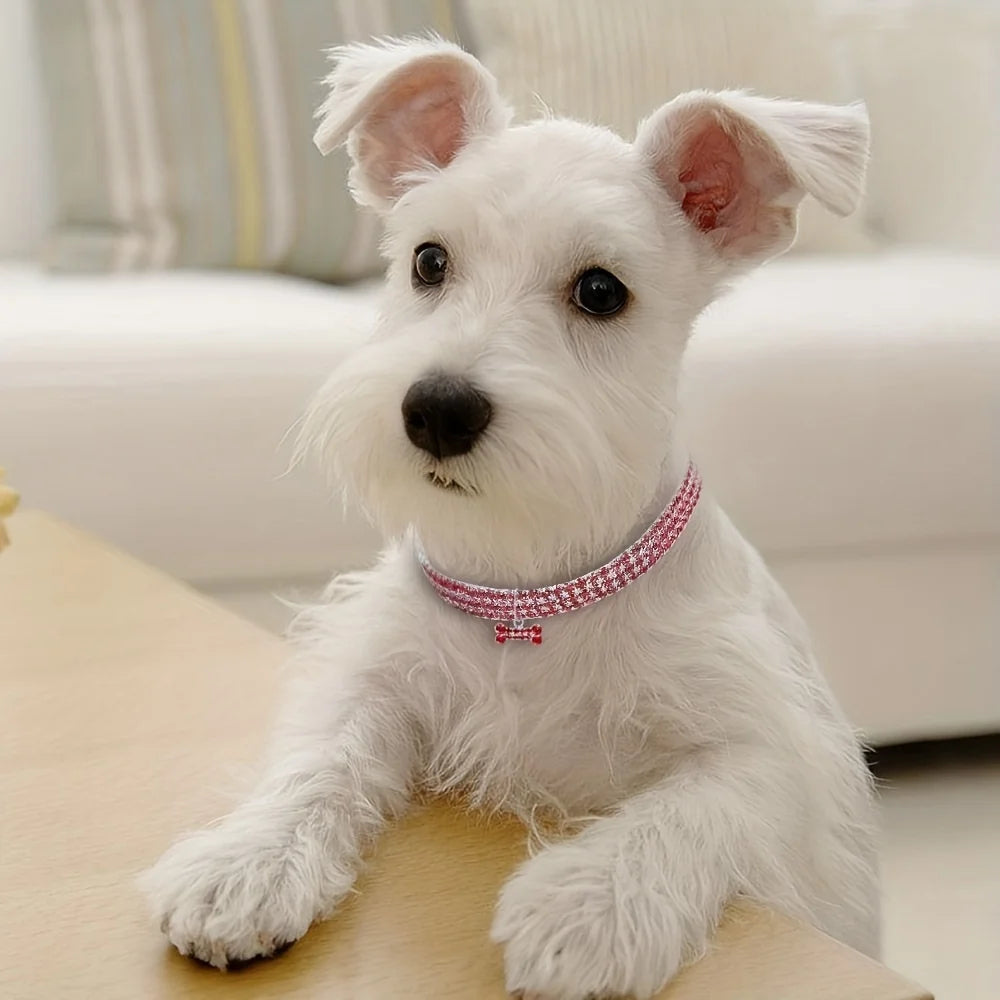A white dog wearing a pink jeweled bowknot pet collar sitting on a light wooden surface.