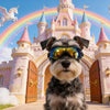 A dog wearing sunglasses standing in front of a pink castle facade with a rainbow background.