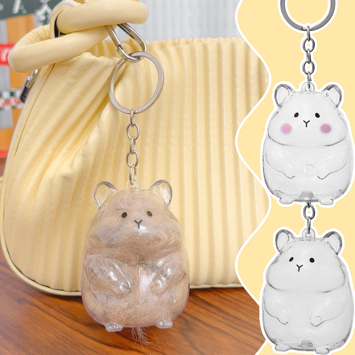 Clear silicone hamster figurine keychain with pink accents hanging from a leather bag