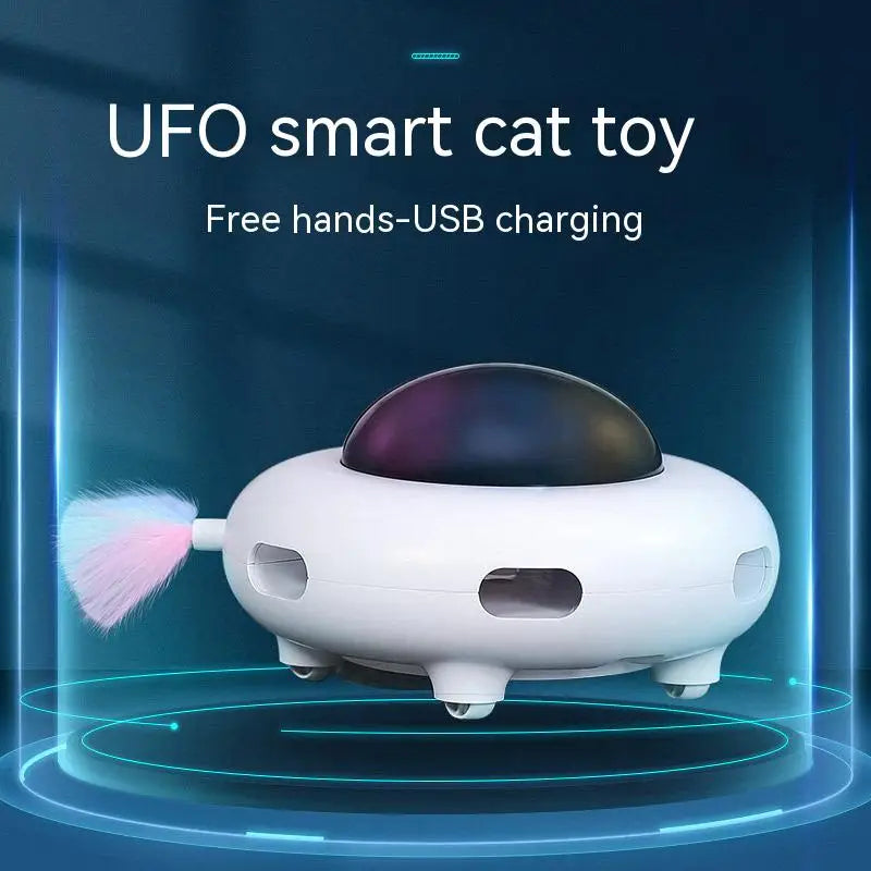 Weißer smarter UFO-Katzenspielzeug mit rosa Feder vor blauem leuchtendem Hintergrund.
