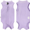 A lavender post-surgery recovery suit for cats, featuring a collar and a large pocket.