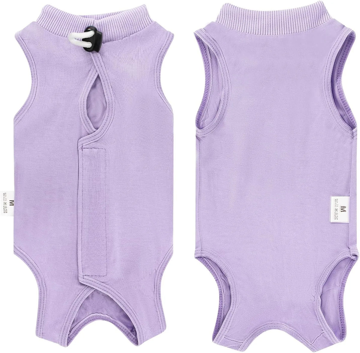 A lavender post-surgery recovery suit for cats, featuring a collar and a large pocket.