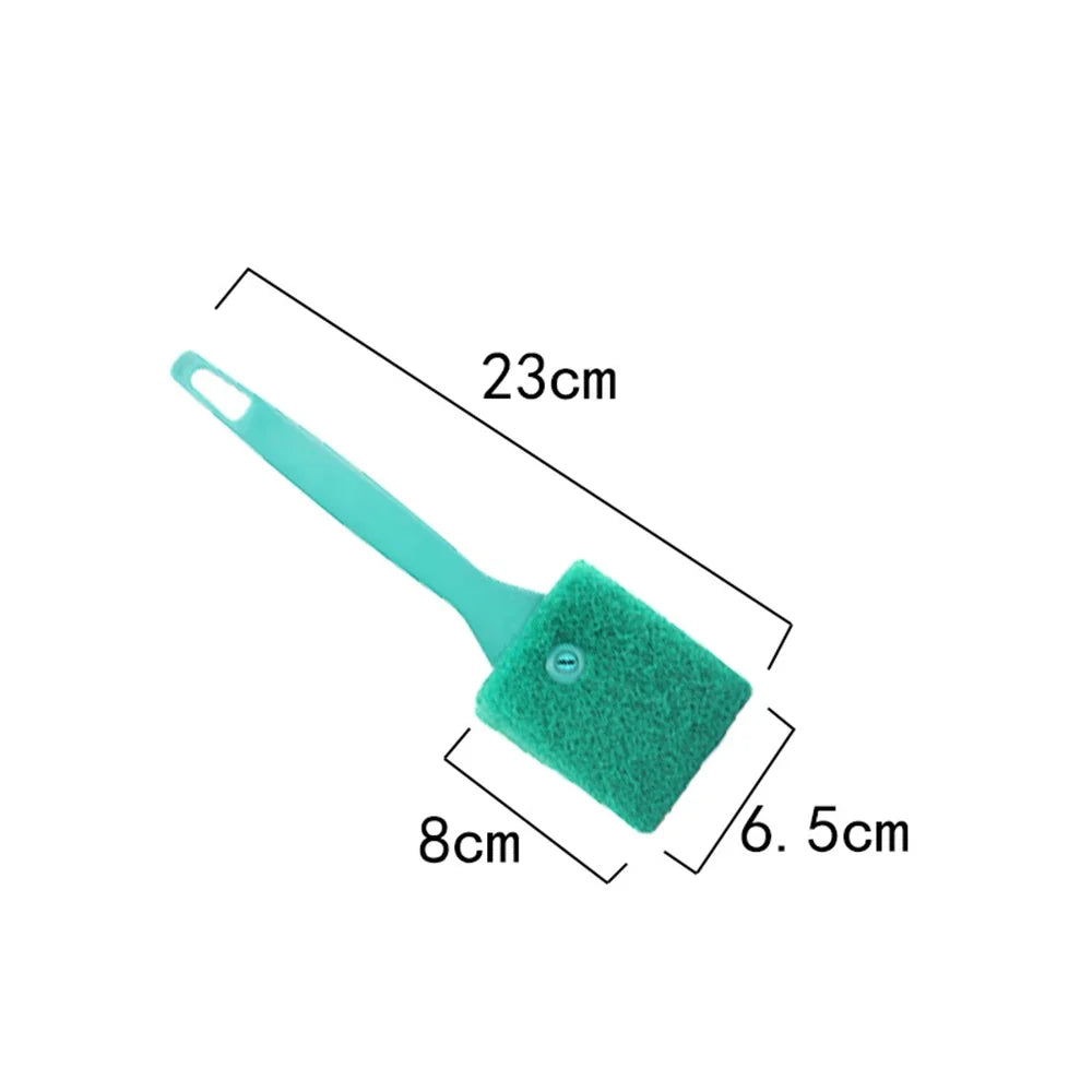 A teal dual-sided aquarium cleaning brush with a green foam head and a handle, shown with dimensions.