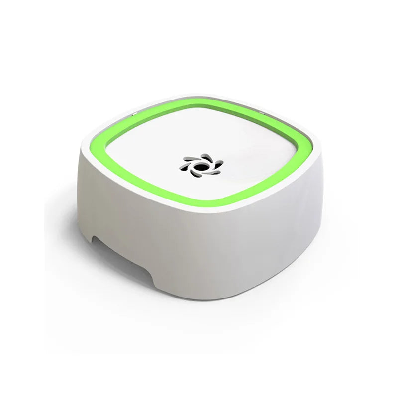 Bol flottant blanc pour animal avec bord vert vif et silhouette noire d'oiseau.