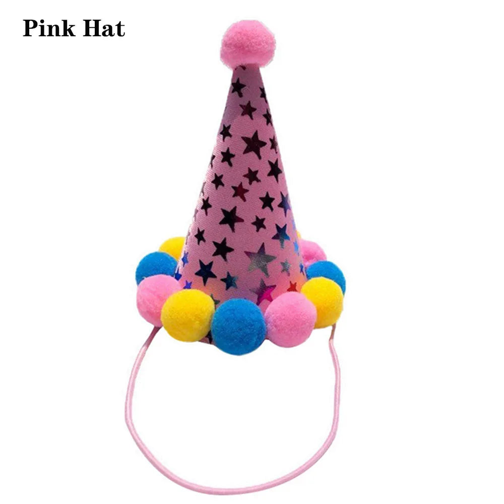 Pink hat with a pom-pom and star pattern, designed as pet party headwear.