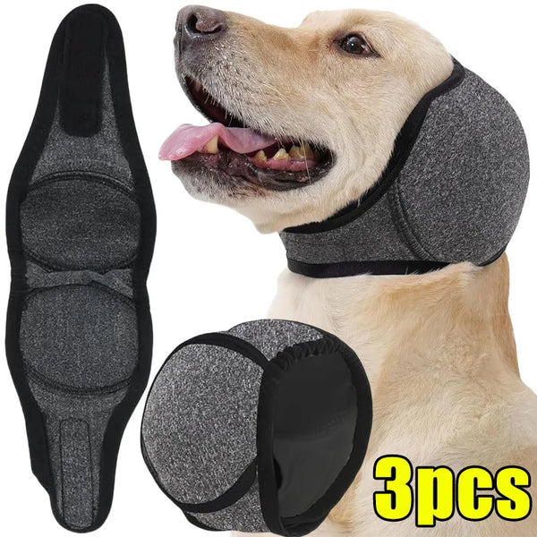 Three adjustable dog ear covers in gray and black shown on a golden retriever.