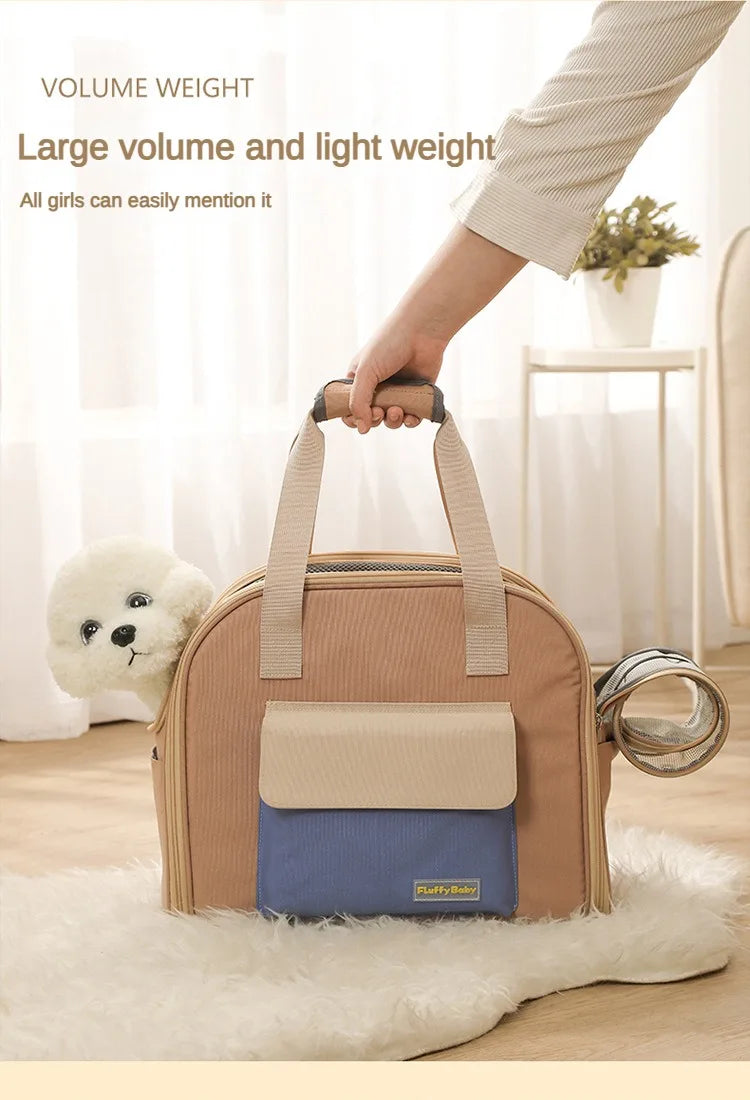 A light beige breathable pet carrier backpack with tan straps resting on a white fluffy rug.