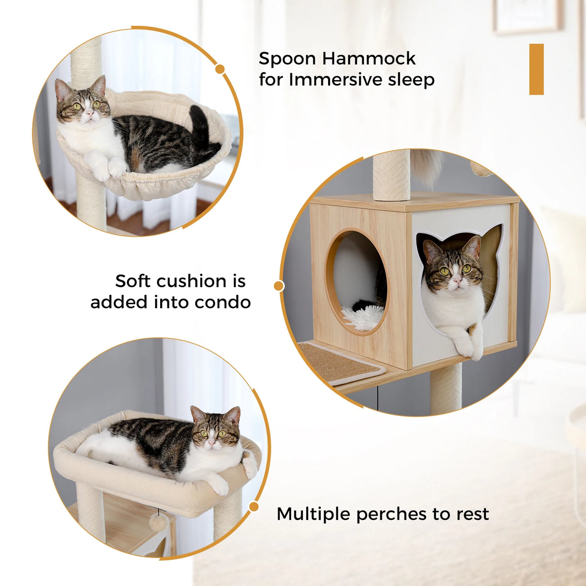 A wooden cat tower featuring a spoon hammock, multiple perches, and a litter box enclosure for immersive sleep.