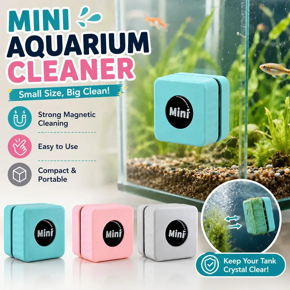 A set of Mini Aquarium Cleaner blocks in teal, pink, and gray are shown next to a glass aquarium.