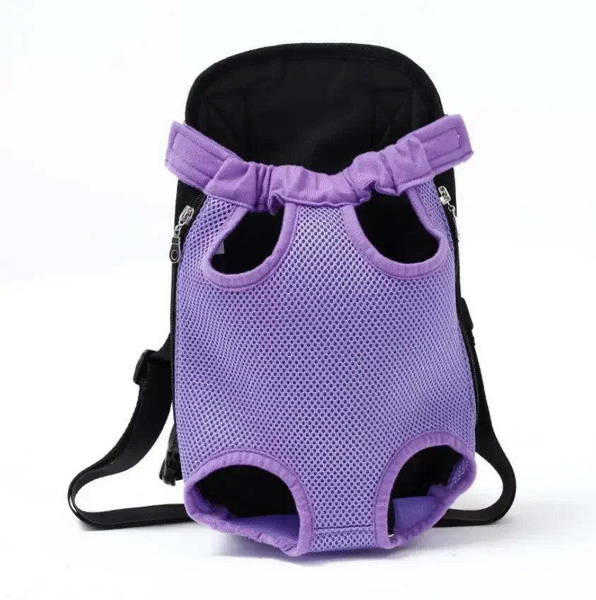 Sac à dos pour animaux de compagnie violet respirant avec garniture violette et sangles noires.