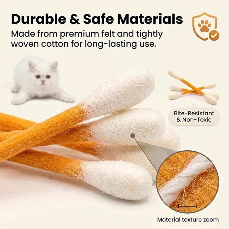 Orange and white felt chew sticks for cats made from premium felt and tightly woven cotton.