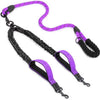 A purple and black reflective dual dog leash with two traffic handles.
