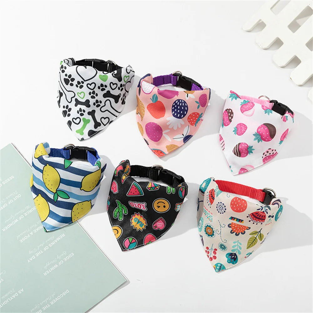 A collection of colorful triangle collar bandana fabric patterns for small dogs and cats.