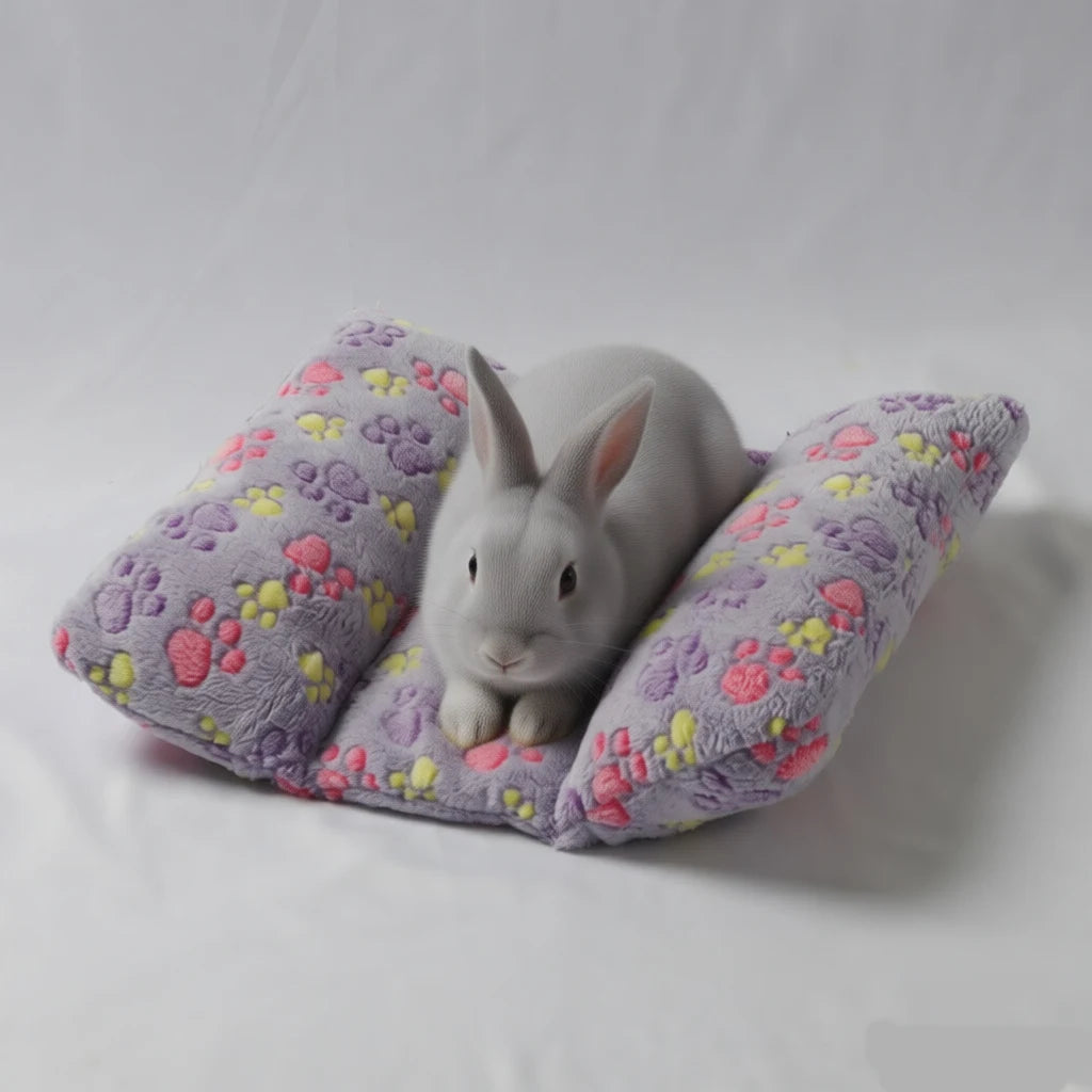 A gray plush rabbit sits on a purple star-patterned pillow for a pet bed.