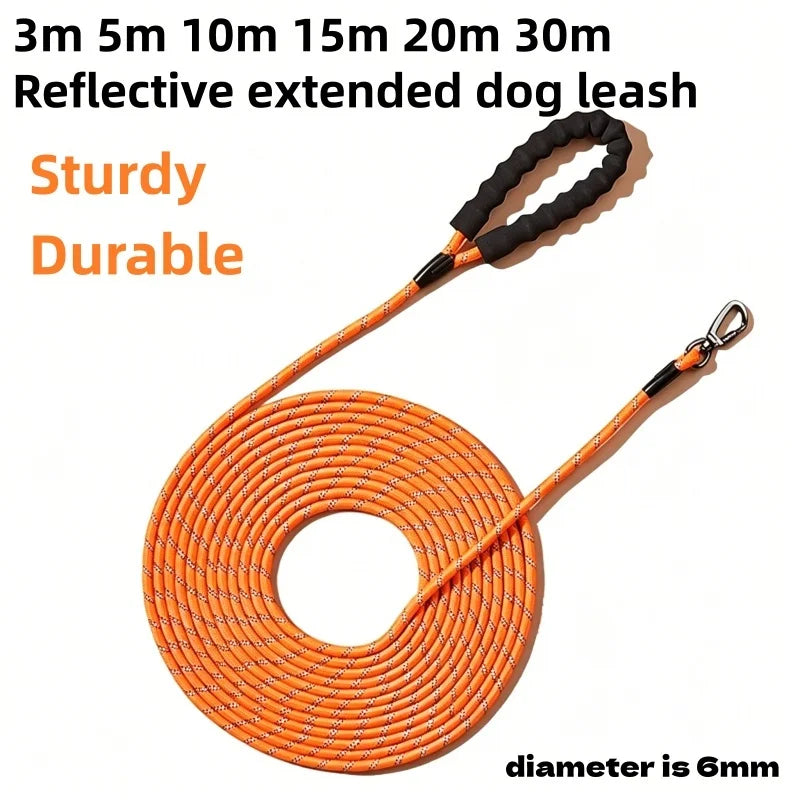 Orange reflective extended dog leash with a 6mm diameter and sturdy durable construction