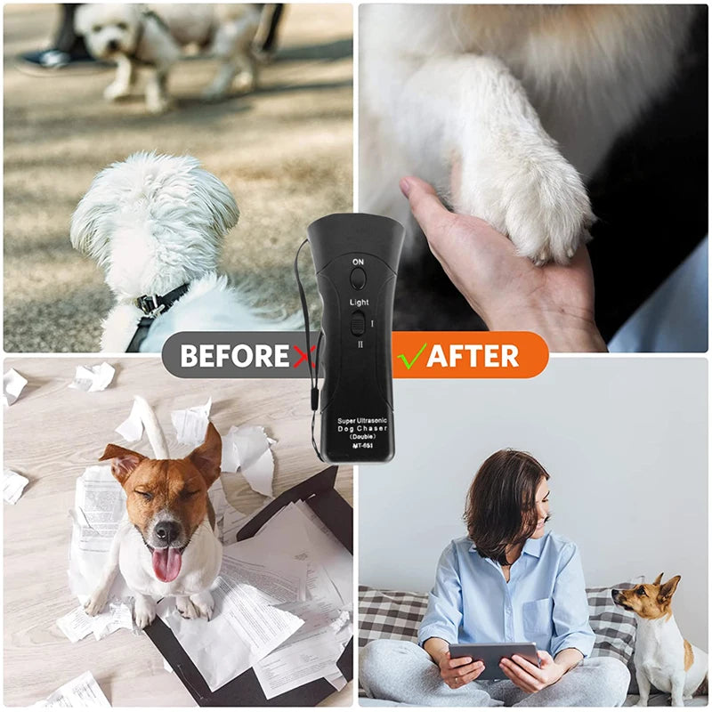 Before and after comparison of an ultrasonic dog deterrent device used for pet safety.