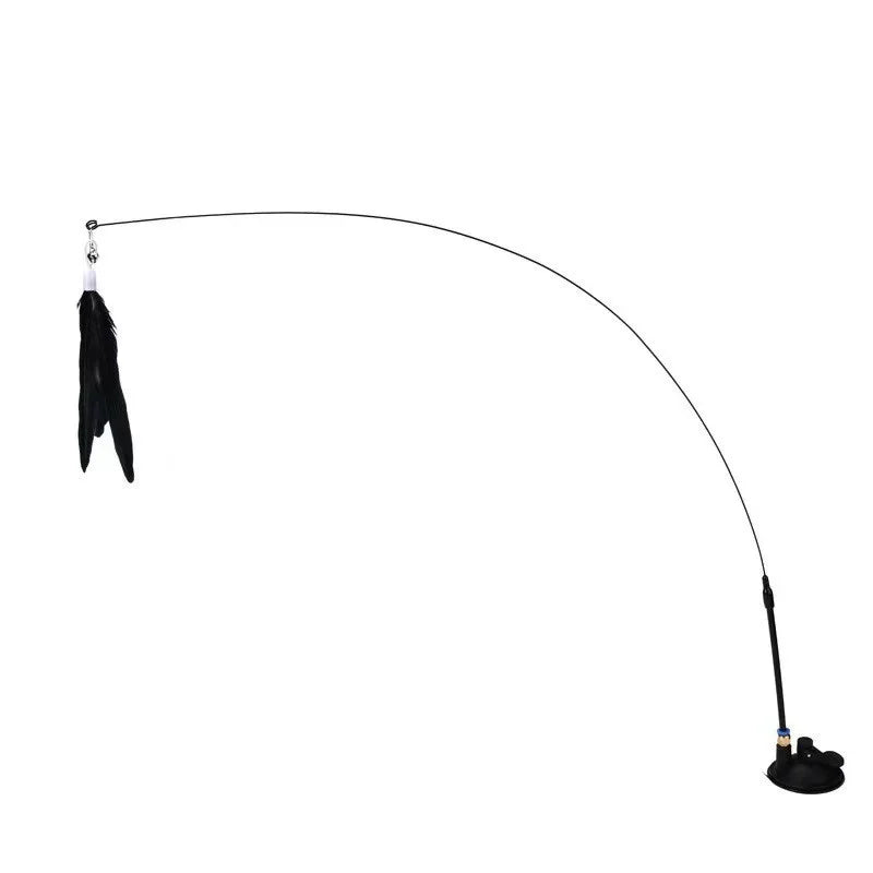 Interactive cat feather wand toy with a black feather and a thin string.