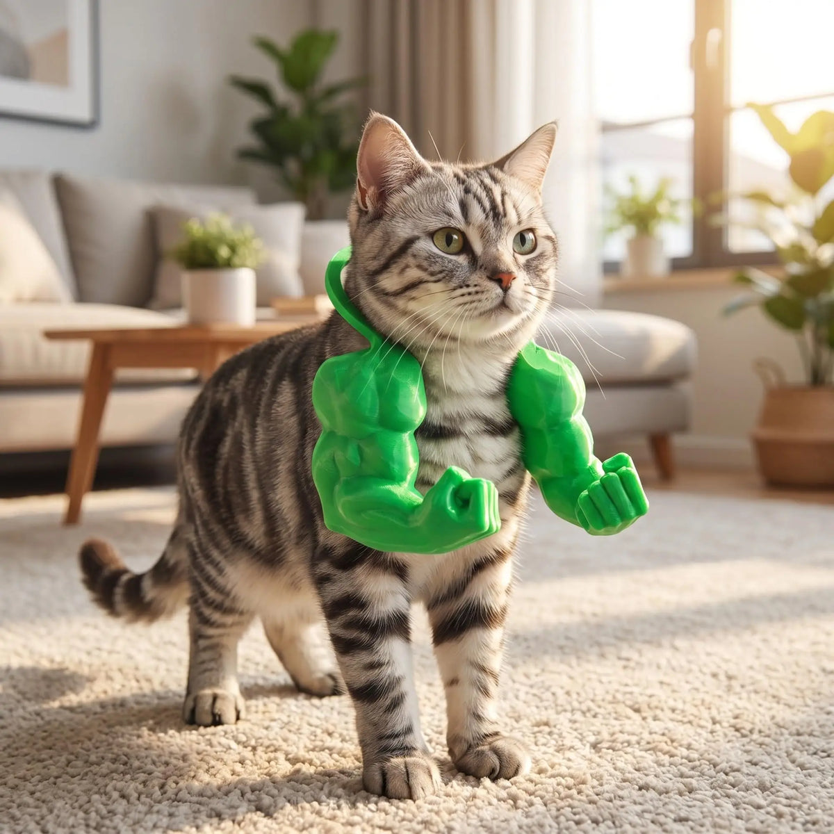 Katze mit grünem 3D-gedrucktem Muskelkostüm auf hellem Teppich