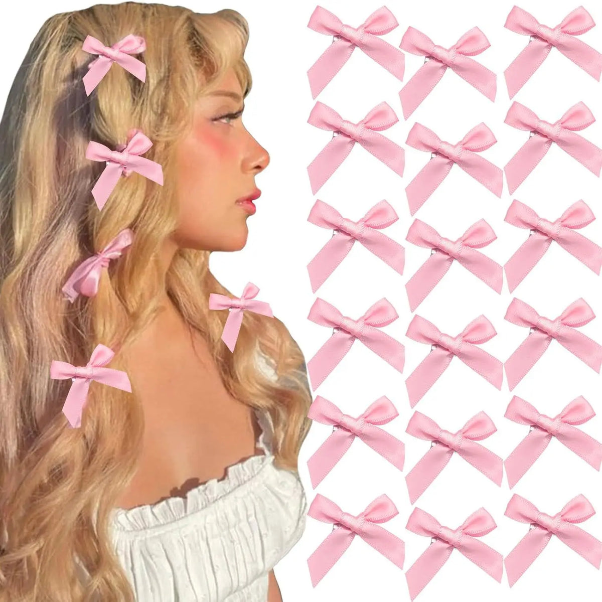 Pink ribbon bow hair clips being worn in blonde hair