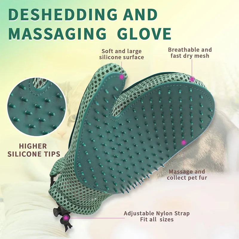 A teal double-sided pet grooming glove with silicone tips and an adjustable nylon strap for massaging and collecting pet fur.