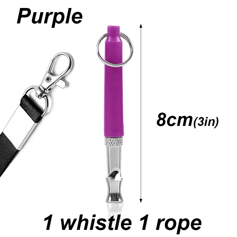 Purple adjustable ultrasonic dog whistle with a metal clip and rope for pet training