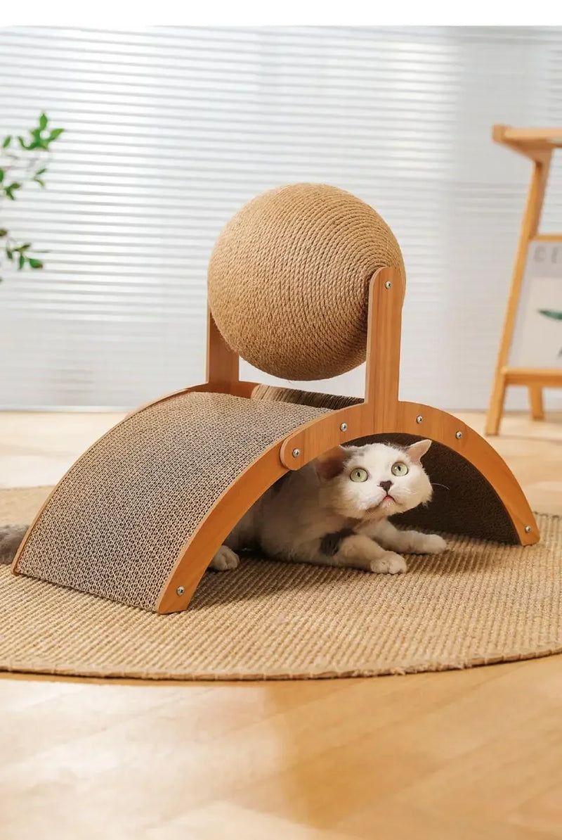 Balle à griffer 2-en-1 pour chat avec support en bois
